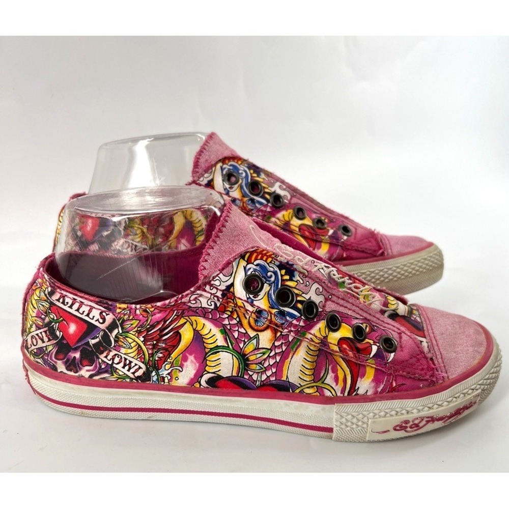 Vintage Ed Hardy Low Top Laceless Sneakers Pink Skull Tattoo Y2K Size 7 / EUR 38